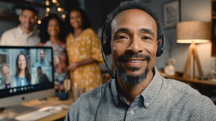 A smiling man in a headset engaging in a video call, with friends in the background creating a warm atmosphere of connection.