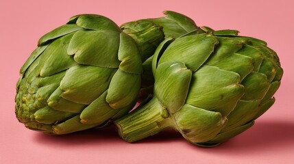 Fototapeta premium Artichoke Trio Fresh Greens on Pink with Healthy Gourmet Ingredient.