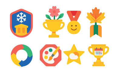 Flat vector icons of seasonal museum themes: winter holiday exhibit badge, spring blossoms showcase trophy, summer family events medal, fall heritage festival ribbon, year-round rotation icon,