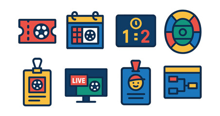 Flat vector icons of sports events and schedules: match ticket icon, sports calendar planner, game time scoreboard, stadium seating map, event registration badge, live match broadcast screen, sports