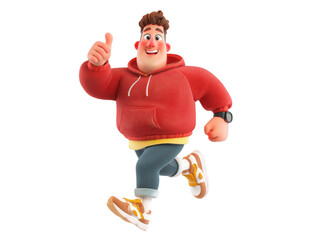 Happy cartoon man running joyfully giving thumbs up positive energy 3d red on transparent background