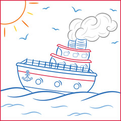 easy guided coloring page for kids with cartoon ship and ocean scene in color stroke outline style