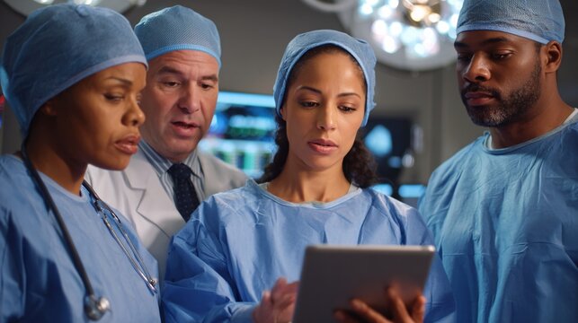 A diverse surgical team reviewing digital data in an operating room - Powered by Adobe