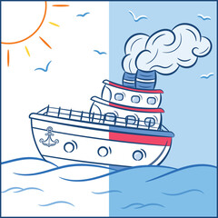half colored cartoon ship coloring page with ocean and sun for kids guided color stroke outline style