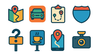 Flat vector icons of road trips and car travel: road map navigation, car rental app badge, road trip planner icon, highway route sign, roadside attraction guide, pit stop rest area, GPS tracker for
