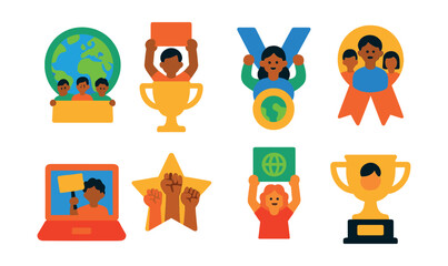 Flat vector icons of youth activism: youth climate march badge, student protest rally trophy, young leaders activism medal, future generations march ribbon, digital youth advocacy badge, youth