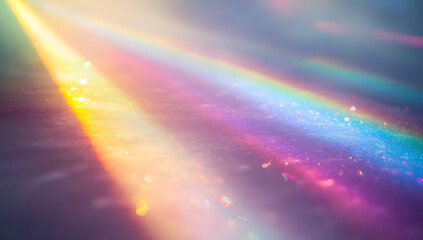 White background with a rainbow prism effect, creating a dreamy and ethereal atmosphere.