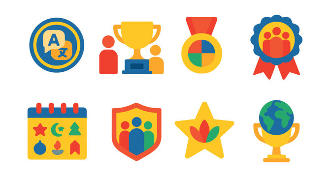 Flat vector icons of cultural inclusivity: multilingual signage badge, intercultural training trophy, heritage celebration medal, cultural inclusion policy ribbon, diverse holiday calendar icon,