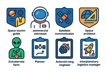 Flat vector icons of space-related professions: space tourism guide badge, commercial astronaut icon, satellite communication engineer badge, space habitat designer badge, extraterrestrial
