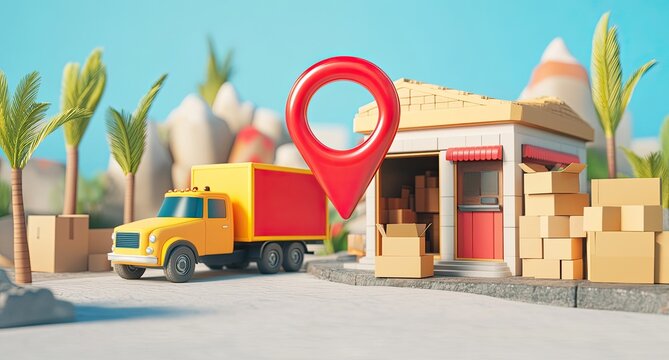 Shipping location.  A small, yellow delivery truck approaches a light beige building with stacked cardboard boxes. A red pointer marks the building's location