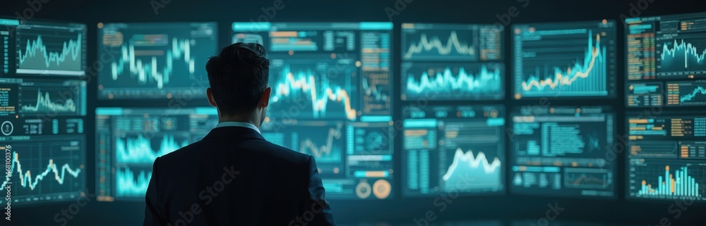 Poster businessman analyzes financial data screens, tech interface. man in suit studies stock market graphs