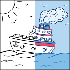 half colored cartoon ship coloring page with ocean and sun for kids guided sketch stroke outline style