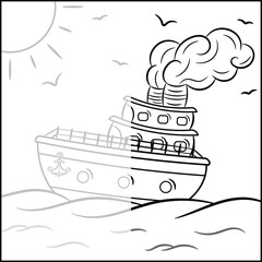 half sketch cartoon ship coloring page with ocean and sun for kids guided sketch stroke outline style