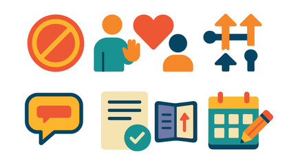Flat vector icons of personal boundaries and assertiveness: saying no badge, setting personal limits icon, healthy relationship boundaries badge, conflict resolution steps, assertive communication