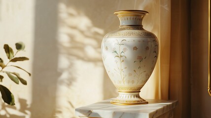 Elegant Ceramic Gold and White Porcelain Vase on Marble Pedestal-Timeless Artistic Decor.