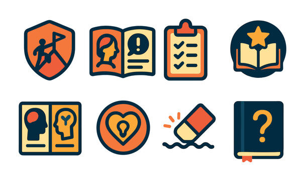 Flat vector icons of growth mindset building: embracing challenges badge, learning from criticism guide, perseverance habits tracker, inspiring success stories reading badge, fixed vs growth mindset
