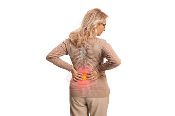 Rear view shot of a middle aged woman with pain in her spine