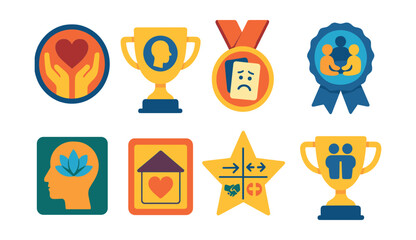 Flat vector icons of emotional and social learning: empathy building activity badge, self-awareness reflection journal trophy, emotion cards for discussion medal, group circle check-in ribbon,