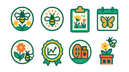 Flat vector icons of promoting urban pollinators: bee-friendly gardens badge, pollinator week celebration badge, urban meadows for pollinators guide, butterfly habitat planting planner, native plants