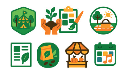 Flat vector icons of community green festivals: green street fair badge, urban garden open days icon, eco-art installations planner, community picnic in green spaces badge, sustainable living expo