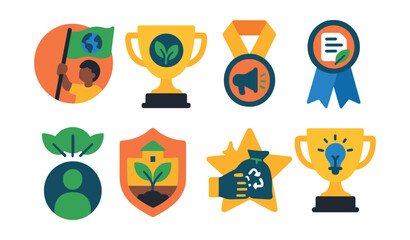 Flat vector icons of youth climate action: youth climate march badge, eco-club school initiative trophy, student-led sustainability campaign medal, climate petition signing ribbon, youth advisory