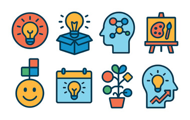 Flat vector icons of creativity development: idea brainstorming sessions badge, thinking outside the box planner, combining different ideas creatively badge, creative mind-mapping badge, art and