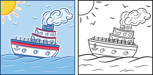 cartoon ship coloring page full color and sketch outline for easy drawing and coloring practice