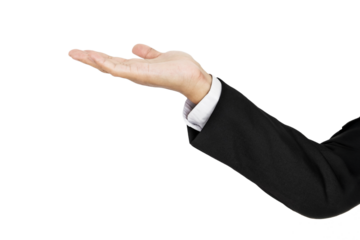 Man in Black Suit Offering Hand with Open Palm