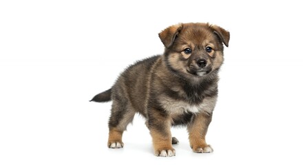 Fototapeta premium Young mixed breed puppy portrait against white background