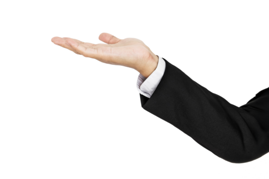 Man in Black Suit Offering Hand with Open Palm