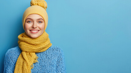 Cheerful woman bundled in yellow hat and scarf vibrant blue sweater smiling against matching backdrop