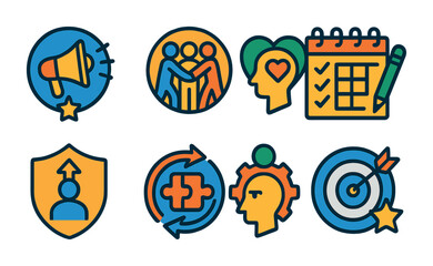 Flat vector icons of soft skills development: improving communication skills badge, practicing teamwork habits badge, developing emotional intelligence badge, practicing critical thinking planner,
