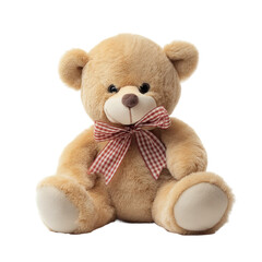 A cute and cuddly teddy bear with a sweet checkered ribbon bow around its neck. The teddy bear sits in a friendly and inviting pose, ready for a warm embrace