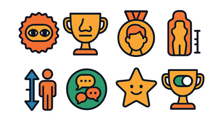 Flat vector icons of avatar customization features: eye shape selector badge, nose and mouth edit trophy, hairstyle picker medal, body shape slider ribbon, height adjustment tool icon, voice tone