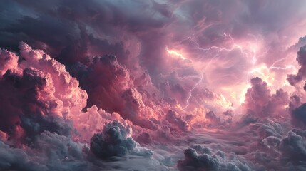 Pink lightning storm cloudscape, dramatic sky, atmospheric background