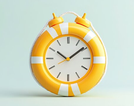 A bright yellow, life preserver-shaped alarm clock.  It features a white-striped life preserver design, a round white clock face with black numbers and hands, and a simple rope handle - Powered by Adobe