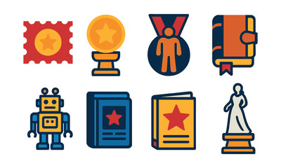 Flat vector icons of physical collectibles: vintage stamp badge, rare coin trophy, action figure medal, antique book ribbon, retro toy icon, collectible card binder badge, comic book cover star,