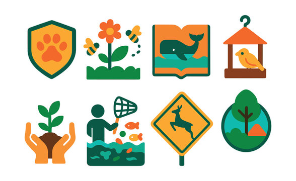 Flat vector icons of wildlife conservation support: adopt an animal badge, save the bees garden icon, protect marine life guide, bird feeder setup, habitat restoration project, ocean clean-up
