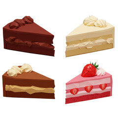 Digital illustration displays four different types of cake slices, showing their colorful frosting and fillings.