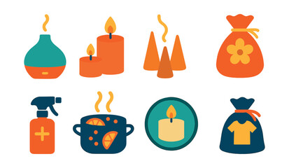 Fototapeta premium Flat vector icons of home fragrance options: essential oil diffuser icon, scented candle set, natural incense cones, dried flower sachet, aromatic room spray, simmer pot recipe, soy candle badge,