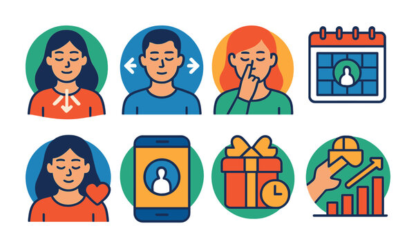 Flat vector icons of breathing practices for health: practicing deep breathing badge, learning box breathing technique badge, trying alternate nostril breathing badge, scheduling daily breathing