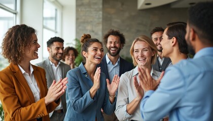 Diverse business team celebrates success in office. Group of happy professionals clapping hands, smiling. Celebrating good sales results, financial goal achieving. Teamwork, achievement, corporate.