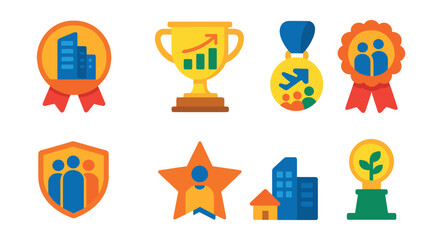 Flat vector icons of population and demographic forecasts: urbanization trend badge, population growth graph trophy, migration pattern forecast medal, aging population trend ribbon, workforce