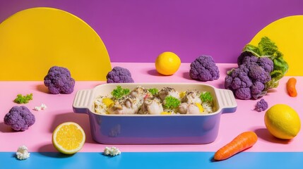 Fish Bake Pop Art Baked Cod with Veggies on Vibrant Backdrop.