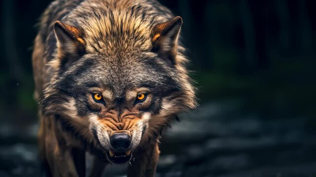  Aggressive Wolf Snarling with Glowing Eyes in Dark Forest at Night. Intense Wildlife Predator, Cinematic 4K Video Animation. 