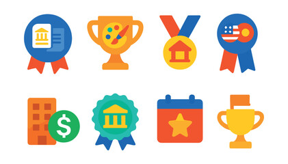 Flat vector icons of museum partnerships and programs: academic research collaboration badge, local artist residency trophy, community arts grant medal, cultural exchange program ribbon, corporate
