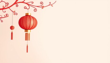 Obraz premium Festive Chinese Lanterns and Branch Decoration against a Peach Background