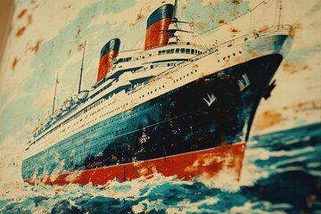 Vintage ocean liner painting, weathered and showing age, sailing majestically on turquoise waters.