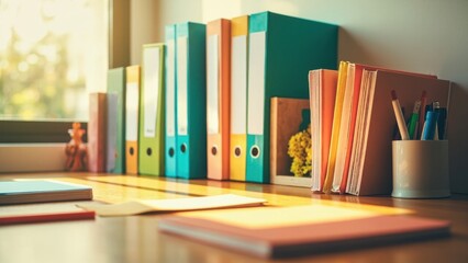 A well-organized workspace features colorful binders, books, and a cup filled with pens and pencils. Warm sunlight streams in from a window, creating a neat and inviting atmosphere perfect for product