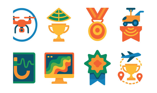 Flat vector icons of remote sensing techniques: aerial drone badge, LiDAR scan grid trophy, infrared satellite image medal, ground-penetrating radar cart ribbon, magnetometer graph icon, remote